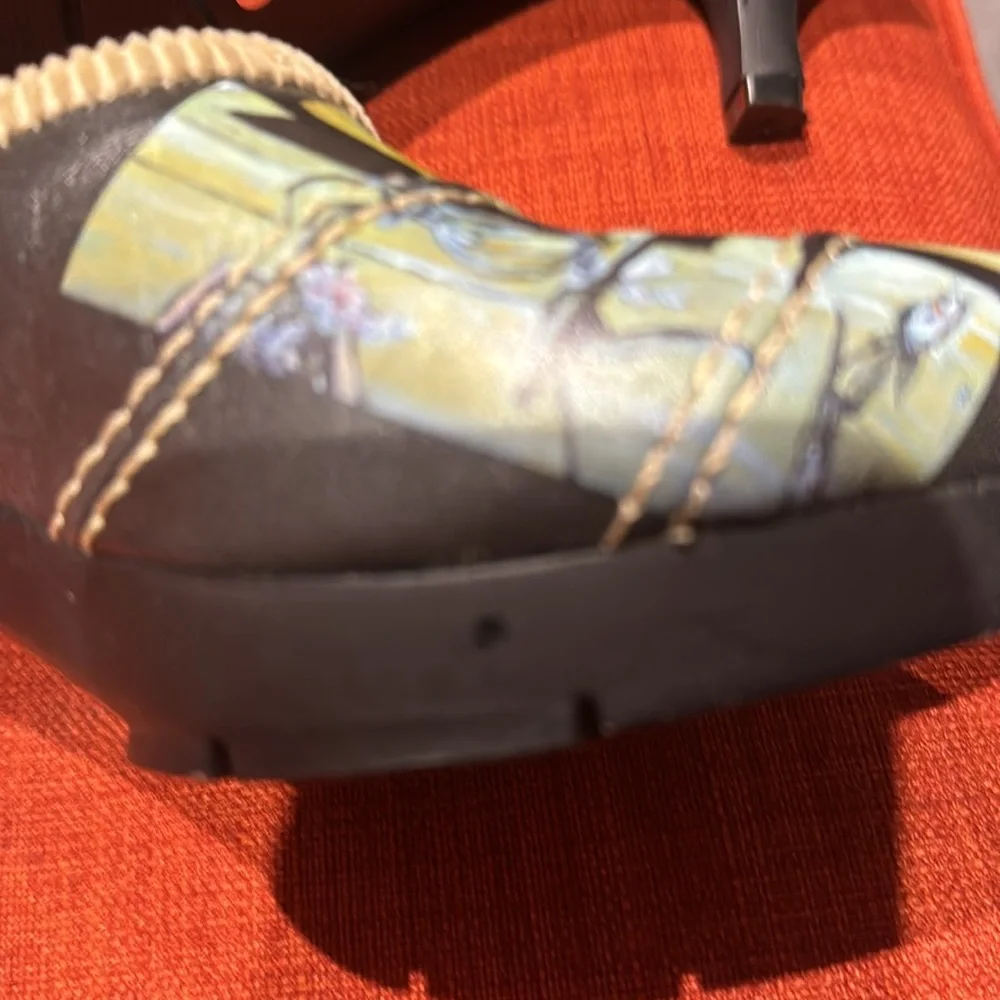 Icon wearable art painted lady mules. Elegant woman & surreal still life image. - Picture 7 of 9